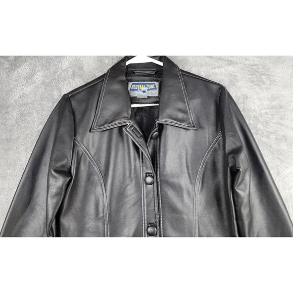 Neutral Zone Coat Womens Small Black Faux Leather  Longline Button Front Vintage - Picture 6 of 15